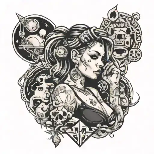 A tattoo featuring a mix of gangster and retro themes, with a focus on women empowerment and cool doodles tattoo design idea
