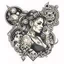 A tattoo featuring a mix of gangster and retro themes, with a focus on women empowerment and cool doodles tattoo design idea