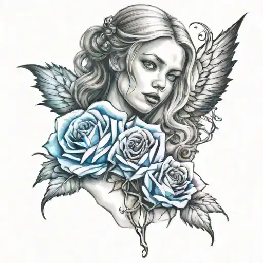 blue rose and woman death angel  tattoo design idea