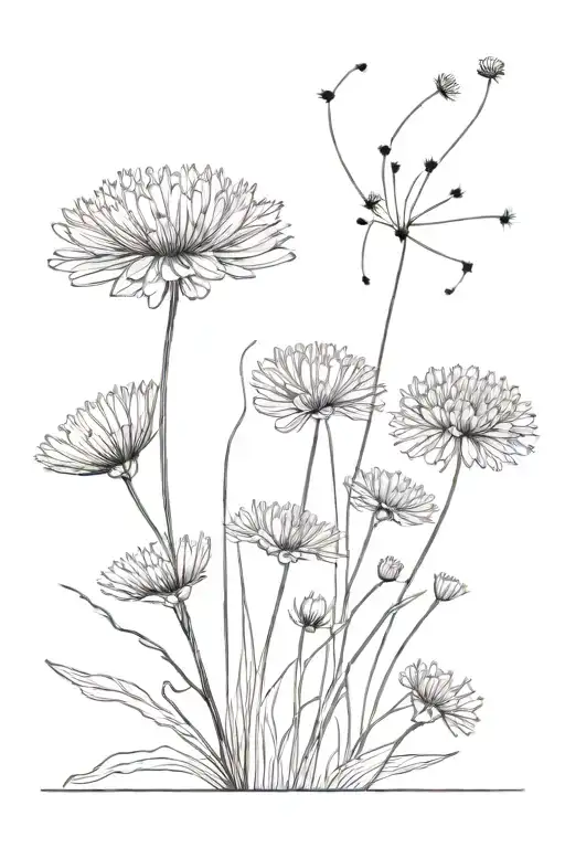Fine line black and white pen point style drawing of  one dandelion flower, one chrysanthemum and one cosmos with stems  tattoo design idea