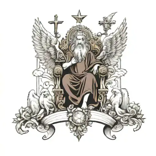 God on the throne in heaven, depicted in the book of revelation chapter 4. with seraphim and cherabum angels all around  tattoo design idea