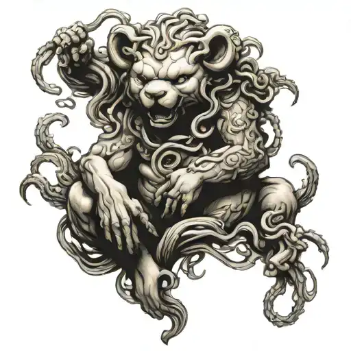 Medusa intertwined with damaged Teddy bear sitting tattoo design idea