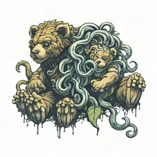 Medusa head with damaged Teddy bear sitting alone tattoo design idea