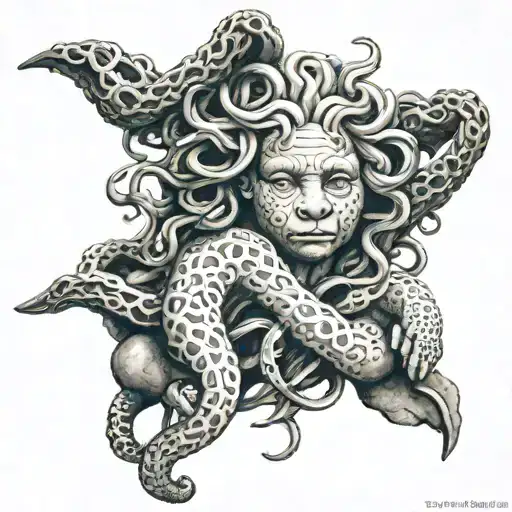 Medusa intertwined with damaged Teddy bear sitting tattoo design idea