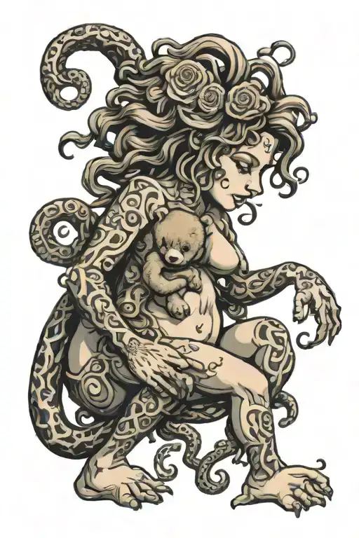 Medusa intertwined With Torn up Teddy Bear sitting tattoo design idea