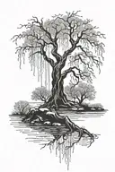Weeping Willow tree with a tarot card featuring the fool tattoo design idea