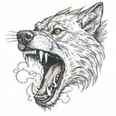  draw me a big rabid wolf in the woods who spits a big round watch of fire out of his mouth. The watch should not be glued to his mouth but should look like a powerful round ball coming out of his mouth.  tattoo design idea