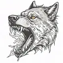  draw me a big rabid wolf in the woods who spits a big round watch of fire out of his mouth. The watch should not be glued to his mouth but should look like a powerful round ball coming out of his mouth.  tattoo design idea