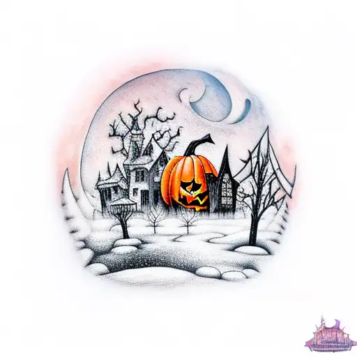 A spooky village with a haunted pumpkin patch under a vibrant orange sunset sky tattoo design idea