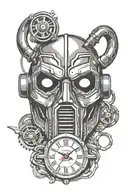MF DOOM mask surrounded by an outline of a clock, plus a vintage 99's cellphone tattoo design idea