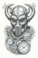 MF DOOM mask surrounded by an outline of a clock, plus a vintage 99's cellphone tattoo design idea