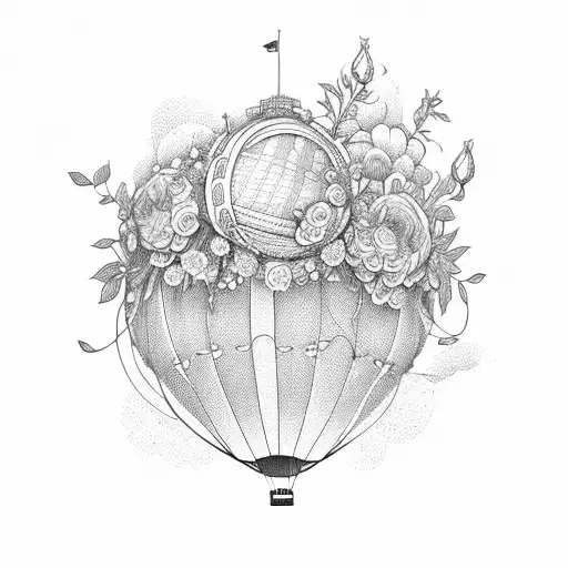 An intricately designed hot air balloon surrounded by a wreath of flowers tattoo design idea