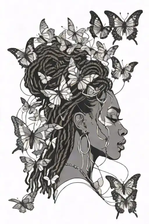 black woman with dreadlocks surrounded by butterflies, nature, music and cats tattoo design idea