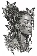 black woman with dreadlocks surrounded by butterflies, nature, music and cats tattoo design idea