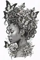 black woman with dreadlocks surrounded by butterflies, nature, music and cats tattoo design idea