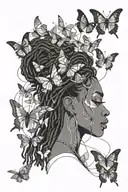 black woman with dreadlocks surrounded by butterflies, nature, music and cats tattoo design idea