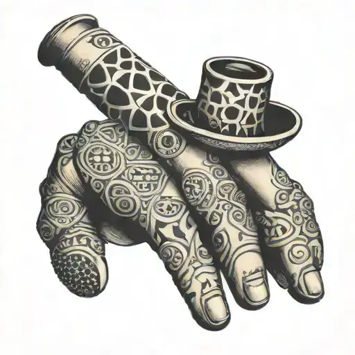 A Terry fungus finger holding a smoking pipe with geometric patterns tattoo design idea