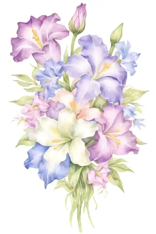 violet iris primrose rose honeysuckle aster morning glory bouquet  tattoo design idea