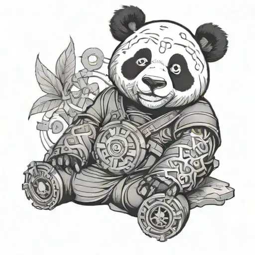 A black and grey tattoo of a panda wearing traditional Japanese attire, surrounded by CNC tools and machinery tattoo design idea