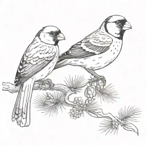 ptarmigan and American goldfinch perched on a evergreen tree branch tattoo design idea