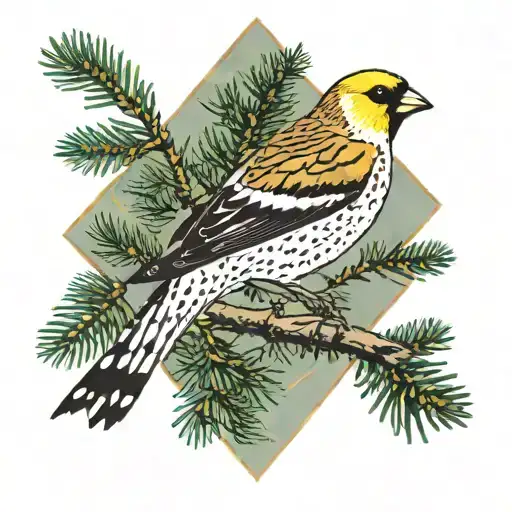 willow ptarmigan look up at American goldfinch perched on a evergreen tree branch tattoo design idea