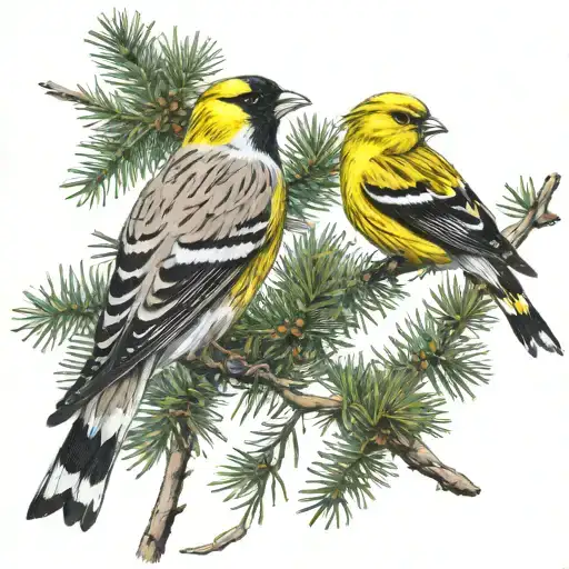 Male Willow Ptarmigan and female American Goldfinch perched on evergreen tree branch tattoo design idea