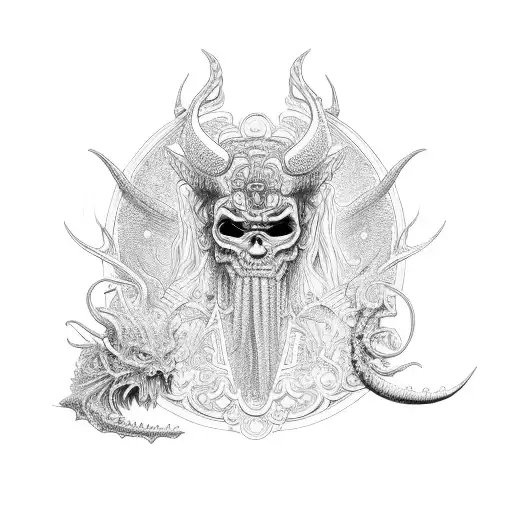 An intricate design of a demon and angel facing off in a historical setting, surrounded by ancient symbols and artifacts tattoo design idea