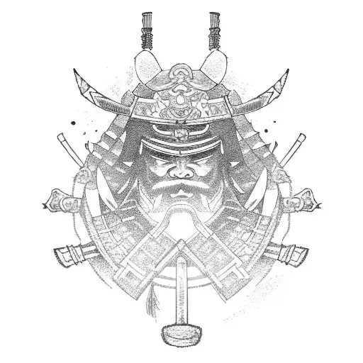 A samurai warrior wielding a sword with intricate Japanese mask designs in the background tattoo design idea