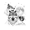2 wolves 1 moon and forest tattoo design idea