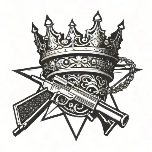 A king crown sitting on top of a star, with an assault rifle incorporated into the design tattoo design idea