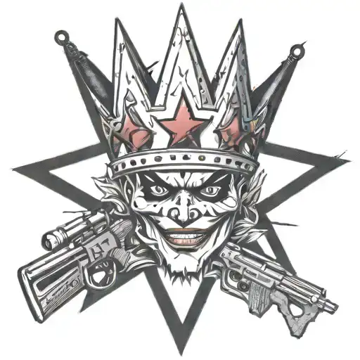 A king crown sitting on top of a star, with an assault rifle joker and harley quinn incorporated in it tattoo design idea