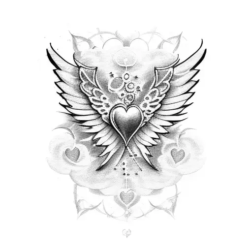 flowers with 3 angel wings heart  tattoo design idea