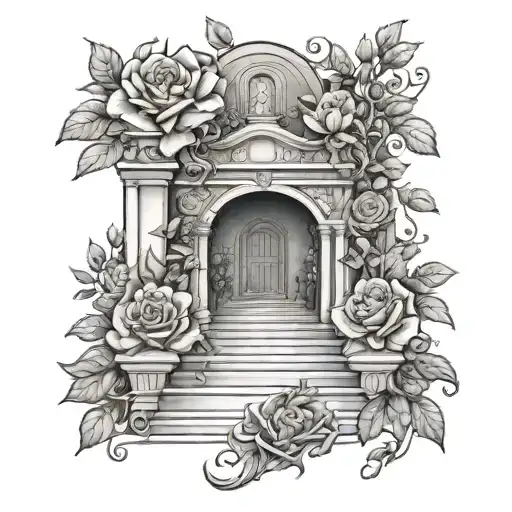 a stairs to olimpus with gods Olympus and roses growing tattoo design idea