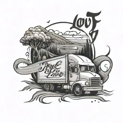 A winding road with the words 'True Love' written in the distance, embodying the truck driver's passion for travel and love tattoo design idea