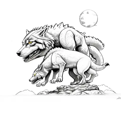 A majestic Earth Dragon protecting a bonsai tree with a wolf companion tattoo design idea