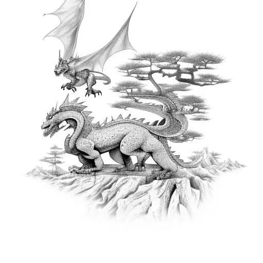 A mystical Dragon and wolf duo amidst a forest of bonsai trees tattoo design idea
