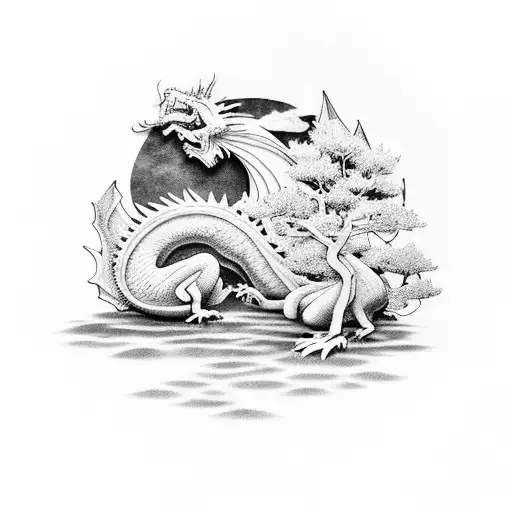 A mystical Dragon and wolf duo amidst a forest of bonsai trees tattoo design idea