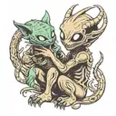 cute xenomorph holding jonsey the cat tattoo design idea