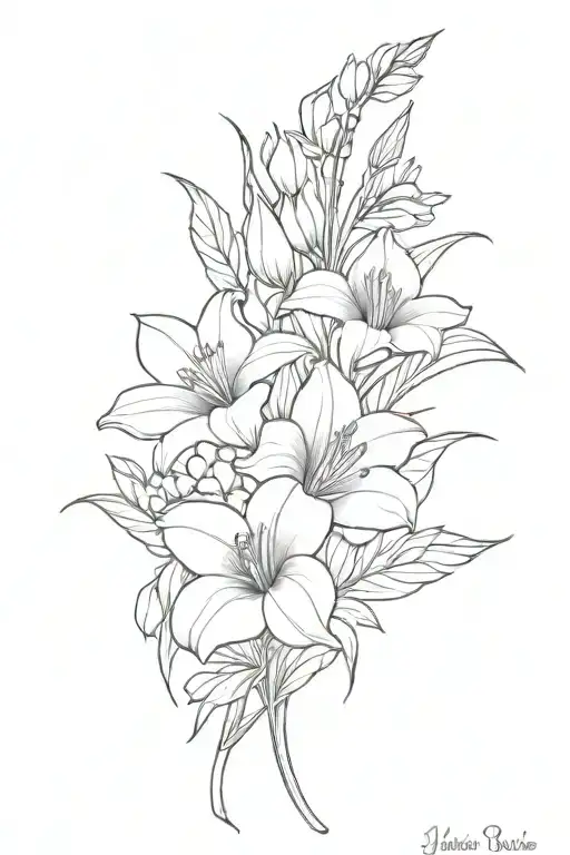 Bouquet with gladiolus, violet and chrysanthemum tattoo design idea