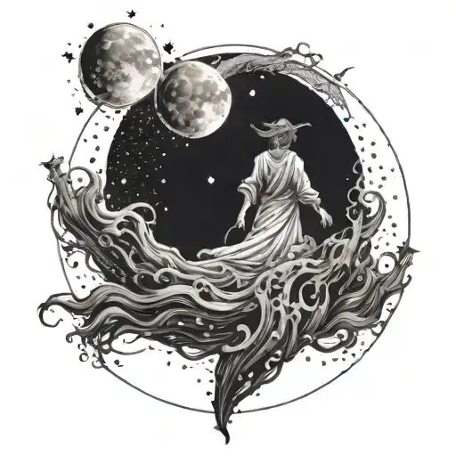 A surreal composition of a lost soul drifting through a sea of moonlight and stars tattoo design idea