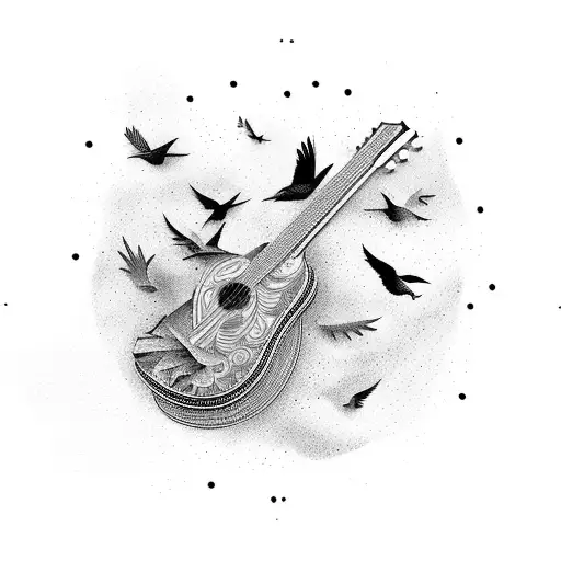 A guitar morphing into a flock of birds tattoo design idea
