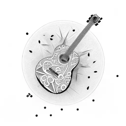 A guitar morphing into a flock of birds tattoo design idea