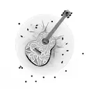 A guitar morphing into a flock of birds tattoo design idea