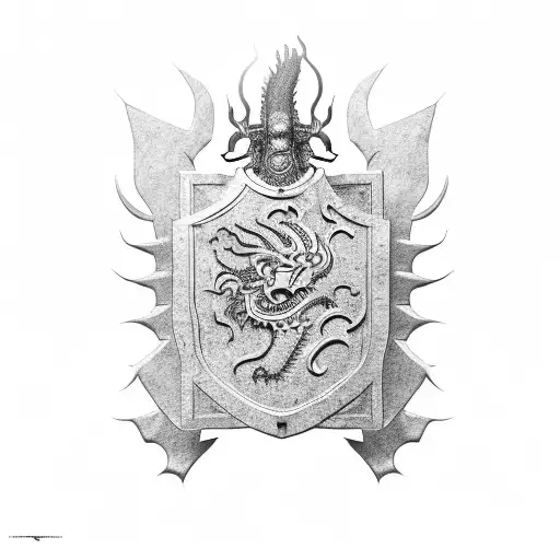 Roman tower Shield with black Chinese dragon in the centre tattoo design idea