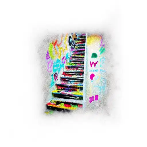 staircase, graffiti wall with number 1990, cassette tape  tattoo design idea