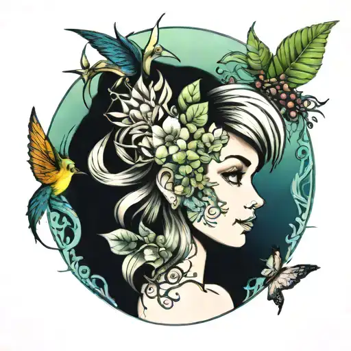 travel, Tinkerbell, wanderlust, self evolution, a large female head with ocean and rainforest intertwined  tattoo design idea