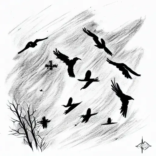 three crosses, moon, a flock of crows tattoo design idea