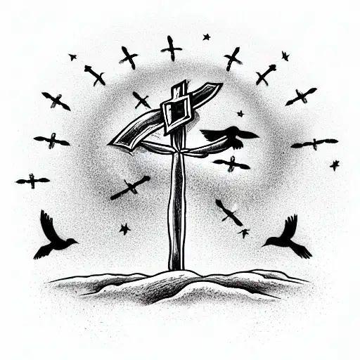 three crosses, moon, a flock of crows tattoo design idea