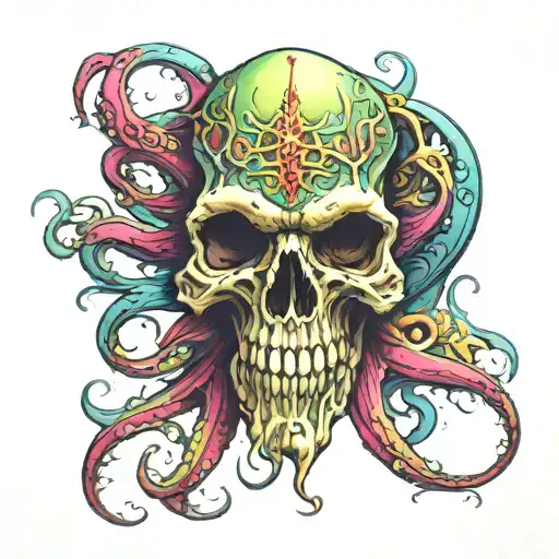 cthulhu skull with vibrant colors tattoo design idea