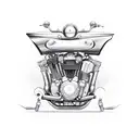 A motorcycle engine with music notes as the pistons tattoo design idea